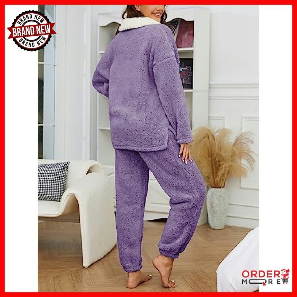 Fleece Pajama Set Women's Long Sleeve Pullover Jogger Pants Lounge Wear - Picture 3 of 8